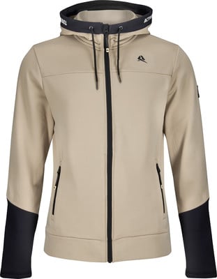Beige Kapuzenjacke mit schwarzen Details und Logo auf der Brust.