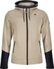Beige Kapuzenjacke mit schwarzen Details und Logo auf der Brust.