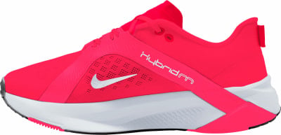 Ein pinker Laufschuh von Nike mit weißem Logo und Schriftzug Hybrida. Ein pinker Laufschuh von Nike mit weißem Logo und Schriftzug Hybrida.