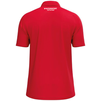 Rotes Polohemd mit weißem Intersport-Logo auf dem Rücken.