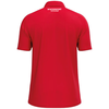 Rotes Polohemd mit weißem Intersport-Logo auf dem Rücken.
