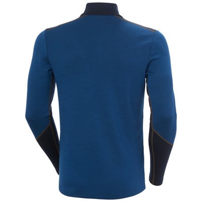 Rückansicht eines blauen Langarm-Thermoshirts mit dunklem Kragen. Rückansicht eines blauen Langarm-Thermoshirts mit dunklem Kragen.