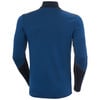 Rückansicht eines blauen Langarm-Thermoshirts mit dunklem Kragen.