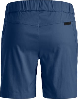 Rückansicht einer dunkelblauen Hose mit Gummizug und Taschen. Rückansicht einer dunkelblauen Hose mit Gummizug und Taschen.