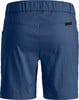 Rückansicht einer dunkelblauen Hose mit Gummizug und Taschen.