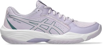 Damen-Tennisschuh Asics Gel-Task in Lavendel mit türkisen Akzenten.