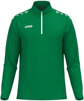 Grünes Sport-Sweatshirt mit weißem Reißverschluss und Jako-Logo.