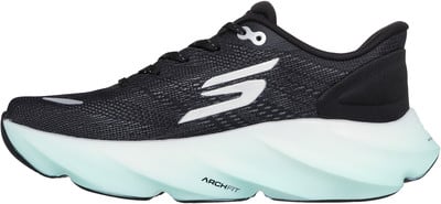 Schwarzer Laufschuh mit weißem Logo und hellblauer Sohle. Schwarzer Laufschuh mit weißem Logo und hellblauer Sohle.