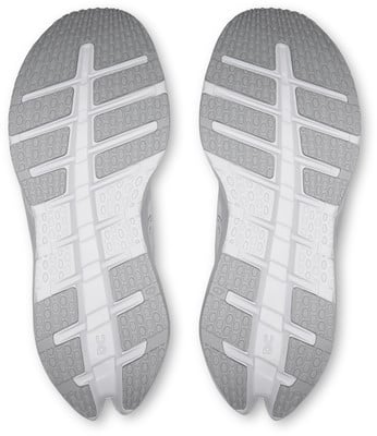 Blick auf die Sohlen zweier ON Running Laufschuhe mit weiß-grauem Muster. Blick auf die Sohlen zweier ON Running Laufschuhe mit weiß-grauem Muster.