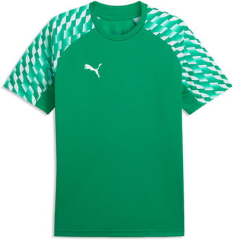 Grünes Puma-T-Shirt mit weißem Logo und grünem Muster auf den Ärmeln.