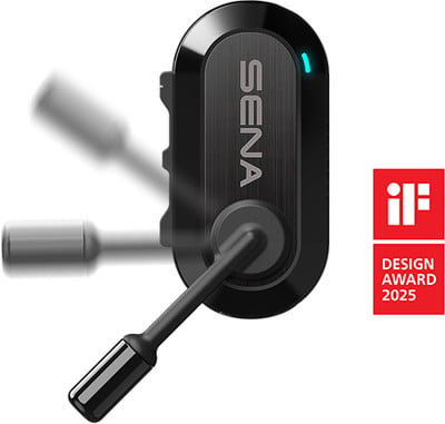 Schwarze Sena-Kommunikationseinheit mit Mikrofon und iF Design Award Logo. Schwarze Sena-Kommunikationseinheit mit Mikrofon und iF Design Award Logo.