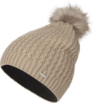 Gestrickte Mütze mit Kunstpelz und Markenlogo in Beige.