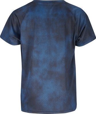 Rückseite eines dunkelblauen T-Shirts mit kurzen Ärmeln und Muster.