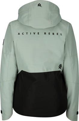 Rückansicht einer hellgrünen Jacke mit schwarzem unteren Teil und Logo. Rückansicht einer hellgrünen Jacke mit schwarzem unteren Teil und Logo.