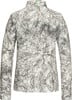 Damenpullover mit Astmuster, weiß mit grünem Detail am Kragen.