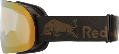 Skibrille mit spiegelndem Glas und rotem Bullen-Logo auf dem Band.