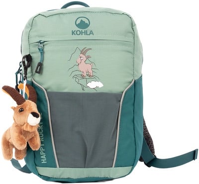 Grüner Rucksack mit Plüschziege und Bergziegen-Aufdruck.