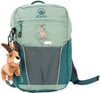 Grüner Rucksack mit Plüschziege und Bergziegen-Aufdruck.