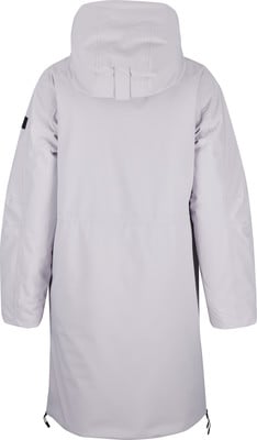 Rückansicht einer hellgrauen Kapuzenjacke mit Kordelzügen. Rückansicht einer hellgrauen Kapuzenjacke mit Kordelzügen.