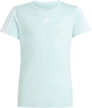 Hellblaues Adidas-T-Shirt mit weißem Logo und Streifen an den Ärmeln.