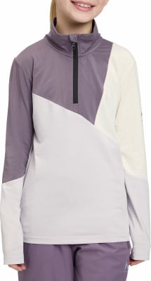 Das Mädchen trägt einen lila Pullover mit Reißverschluss und Farbblockmuster. Das Mädchen trägt einen lila Pullover mit Reißverschluss und Farbblockmuster.