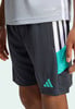 Šedé šortky s bílými a tyrkysovými pruhy a logem Adidas.