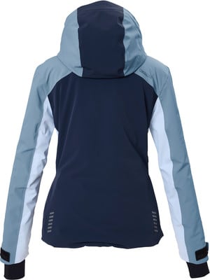 Dunkelblaue Damenjacke mit Kapuze und hellblauen Ärmeleinsätzen.