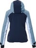 Dunkelblaue Damenjacke mit Kapuze und hellblauen Ärmeleinsätzen.