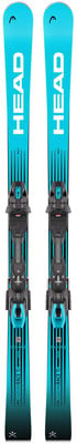 HEAD-Ski mit blauem Design und schwarzen Bindungen für sportliche Skifahrer.