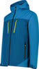 Eine blaue Herrenjacke mit Kapuze und gelben Reißverschlüssen, ideal für Outdoor-Aktivitäten.