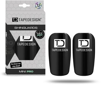 Schwarze TAPEDESIGN MINI PRO Schienbeinschoner mit Logo.
