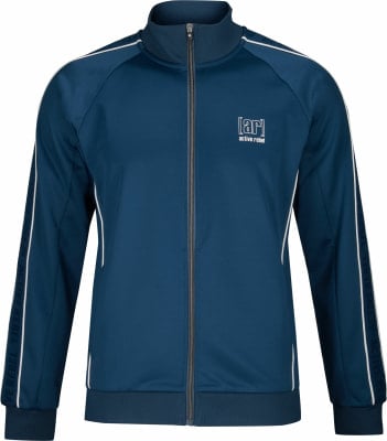 Blaue Herrenjacke mit weißen Streifen und Logo auf der Brust. Blaue Herrenjacke mit weißen Streifen und Logo auf der Brust.