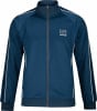 Blaue Herrenjacke mit weißen Streifen und Logo auf der Brust.