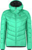 Grüne Daunenjacke mit Kapuze und Logo auf der Brust.