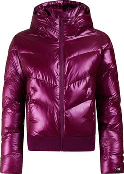 Glänzende lila Daunenjacke mit Kapuze und gestepptem Design.