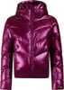 Glänzende lila Daunenjacke mit Kapuze und gestepptem Design.