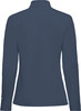 Rückansicht eines dunkelblauen Damenlangarmshirts mit Stehkragen.