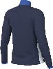 Rückansicht eines dunkelblauen Pullovers mit blauem Kragen und weißem Einsatz.