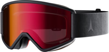 Skibrille mit rotem Spiegellinse und schwarzem Gurt.