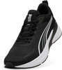 Schwarzer Puma Laufschuh mit weißem Streifenlogo und weißer Sohle.