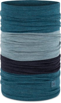 Ein dunkelblauer Schlauchschal mit vier Streifen in verschiedenen Blau- und Türkistönen.