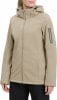 Eine beige Damenjacke mit Reißverschluss und verstellbarer Kapuze.