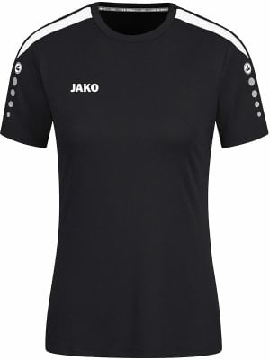 Schwarzes T-Shirt mit kurzen Ärmeln, weißem Schulterstreifen und JAKO-Logo. Schwarzes T-Shirt mit kurzen Ärmeln, weißem Schulterstreifen und JAKO-Logo.