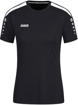 Schwarzes T-Shirt mit kurzen Ärmeln, weißem Schulterstreifen und JAKO-Logo.