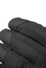 Nahaufnahme eines schwarzen Handschuhs mit Textil- und Lederdetails.