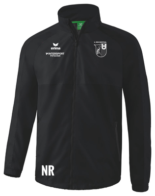 Schwarze Jacke mit Logo und „NR“ Schriftzug vorne.