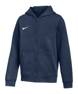 Ein dunkelblauer Kapuzenpullover mit Reißverschluss und Nike-Logo auf der linken Brust.