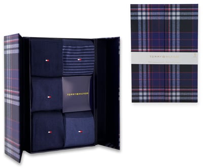Tommy Hilfiger zokni ajándékdoboz kék kockás csomagolásban.