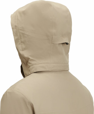 Detail der Rückseite einer beige Kapuzenjacke mit verstellbarem Saum. Detail der Rückseite einer beige Kapuzenjacke mit verstellbarem Saum.
