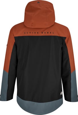 Rückseite einer Jacke mit Farbblöcken in Orange, Schwarz und Grau. Rückseite einer Jacke mit Farbblöcken in Orange, Schwarz und Grau.
